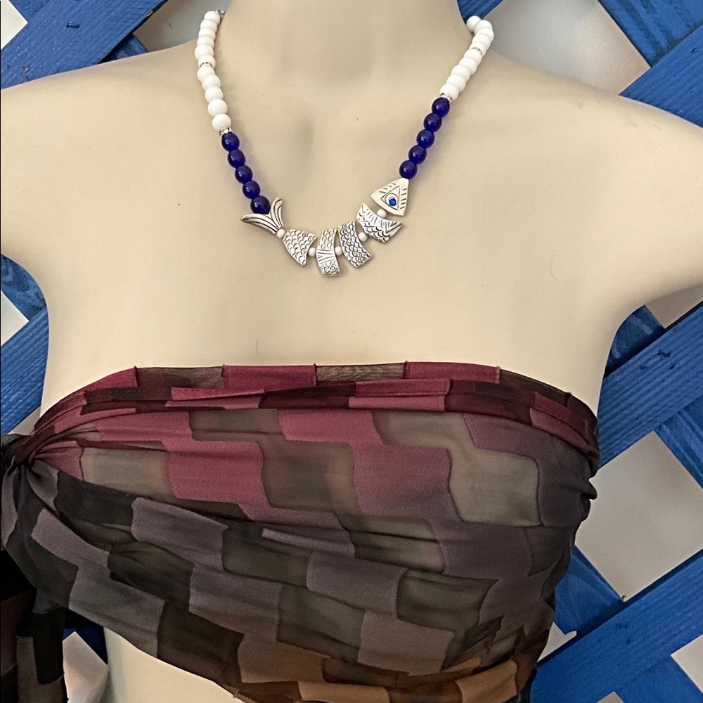 Silver Fish Necklace. Blue & White Glass Beads. Length can be Adjusted to Fit.